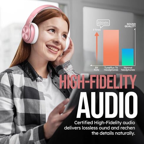 TuneFlux Wireless Bluetooth Headphones Over Ear, 80H Playtime, 3EQ Sound Modes, HiFi Stereo Headphones with Deep Bass, Foldable Bluetooth 5.3 Headsets for Smartphone/PC/Computer-Rose Gold in Kuwait