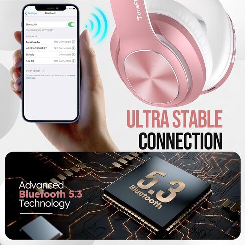 TuneFlux Wireless Bluetooth Headphones Over Ear, 80H Playtime, 3EQ Sound Modes, HiFi Stereo Headphones with Deep Bass, Foldable Bluetooth 5.3 Headsets for Smartphone/PC/Computer-Rose Gold in Kuwait