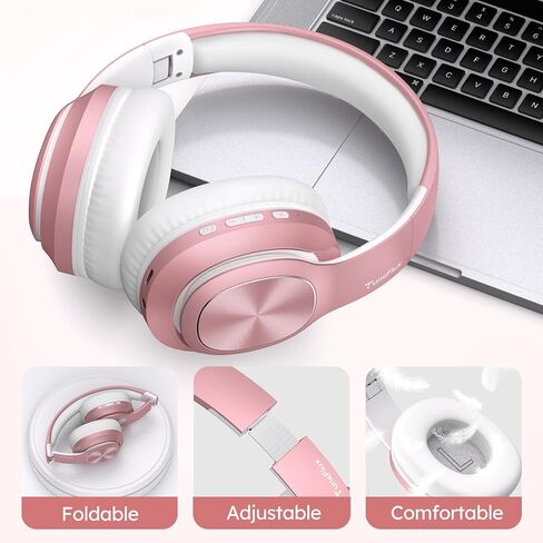 TuneFlux Wireless Bluetooth Headphones Over Ear, 80H Playtime, 3EQ Sound Modes, HiFi Stereo Headphones with Deep Bass, Foldable Bluetooth 5.3 Headsets for Smartphone/PC/Computer-Rose Gold in Kuwait