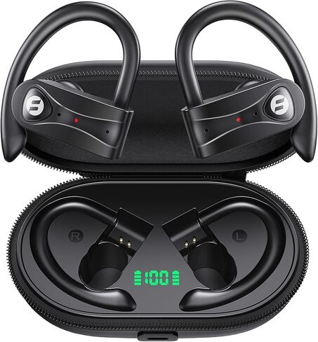 سماعات رأس بلوتوث بخاصية إلغاء الضوضاء و4 ميكروفونات ومكالمات واضحة ووقت تشغيل يصل إلى 120 ساعة وصوت جهير ستيريو وحقيبة شحن لاسلكية فوق الأذن وسماعات عرض رقمية LED مع خطافات أذن للرياضة والجري والتمرين في صالة الألعاب الرياضية in Kuwait