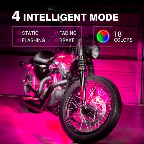 طقم إضاءة LED للدراجات النارية من MICTUNING شرائط RGB نيون متعددة الألوان مع جهاز تحكم عن بعد ذكي، وظيفة إضاءة الفرامل - 8 قطع مصابيح LED متوهجة متوافقة مع عربات الجولف والسكوتر ATVs UTVs in Saudi Arabia
