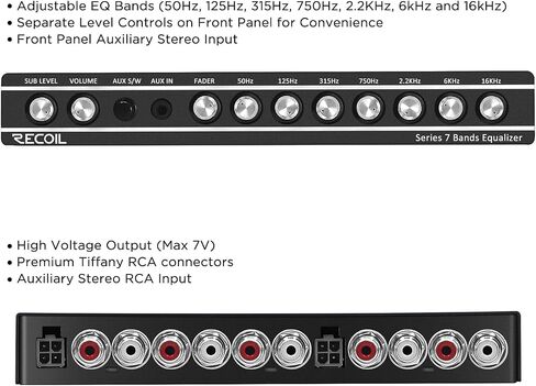 Recoil REQ7 7 Band 1/2 DIN Pre-Amp Car Audio Parametric Graphic Equalizer مع RCA والمدخلات المساعدة، مدخلات عالية المستوى، مخرجات RCA عالية الجهد in Kuwait