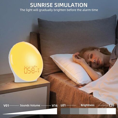 ضوء الاستيقاظ الذكي مع محاكاة شروق الشمس/غروب الشمس، 18 لونًا كاملاً للشاشة، منبه مزدوج، 7 ساعة صوتية طبيعية، راديو FM بجانب السرير، مصباح ليلي، هدية مثالية للأطفال in Kuwait