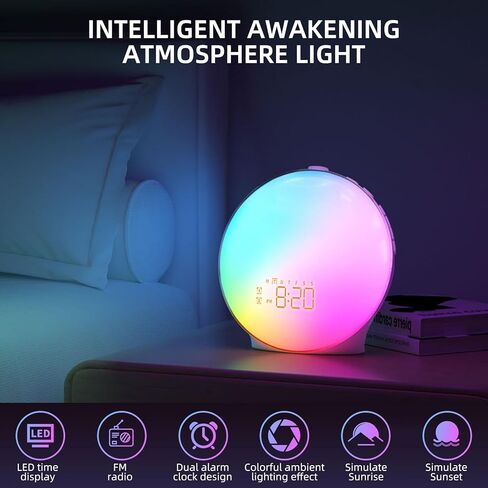 ضوء الاستيقاظ الذكي مع محاكاة شروق الشمس/غروب الشمس، 18 لونًا كاملاً للشاشة، منبه مزدوج، 7 ساعة صوتية طبيعية، راديو FM بجانب السرير، مصباح ليلي، هدية مثالية للأطفال in Kuwait