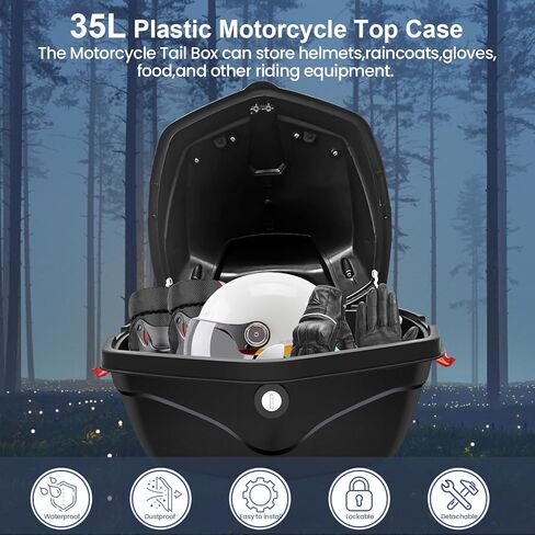 حافظة علوية للدراجات النارية سعة 35 لتر، صندوق خلفي للدراجة النارية، حامل تخزين الأمتعة، حافظة بلاستيكية مع مسند ظهر ناعم، تركيب عالمي لأمتعة الخوذة، صندوق علوي مقاوم للماء للدراجات النارية - أبيض in Kuwait
