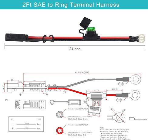 [5 عبوات] حزام طرفي بطول 2 قدم SAE إلى O 10AWG - حزام على شكل حرف O ذو حلقة دائرية مقاس 10 مع مصهر 30 أمبير، كابل شحن سريع للدراجات النارية، سلك شحن سريع التوصيل/فصل SAE in Kuwait