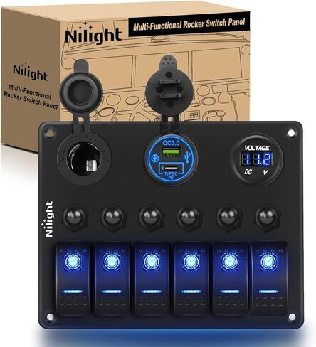 nilight 6 عصابة الروك التبديل لوحة للماء قبل السلكية الألومنيوم لوحة مع PD نوع C وUSB ولاعة السجائر المقبس الفولتميتر 12V 24V على قبالة لوحة التبديل للسيارات والشاحنات والقوارب RVs، 2 سنة الضمان in Saudi Arabia