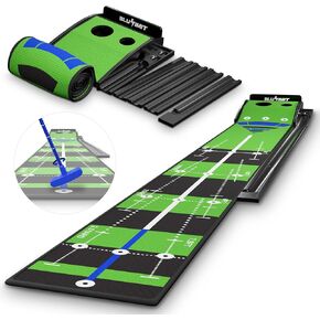BluLimit Golf Putting Mat - 10ft Wooden Indoor Putting Green with Ball Return, Velvet Mat, Stick, Markers, 2 Holes - Putting Green Indoor Golf Practice at Home or Office, Outdoor Putting Green Kit