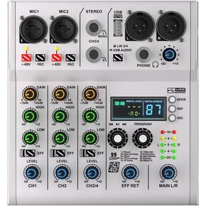XR-4Professional DJ audio mixer 4-channel DJ controller mixer with DSP 99 preset effects, Bluetooth DJ mixer, digital USB MP3 Player computer for Music Making Recording, Karaoke, Live