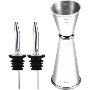 Pafusen Jigger للسقاية مع 2 صب، جيجر ياباني مع 5 قياسات بالداخل، جيجر 2 أونصة 1 أونصة، جيجر قياس اللقطة، ملحقات أدوات بار جيجر نادل، (فضي، 1 جيجر + 2 مدفق)