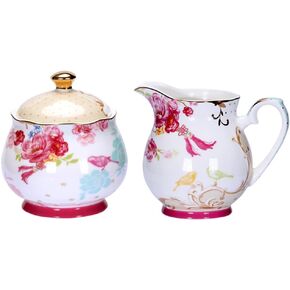 Sugar and Creamer Set for Coffee and Tea Red Floral Painted Classic Porcelain