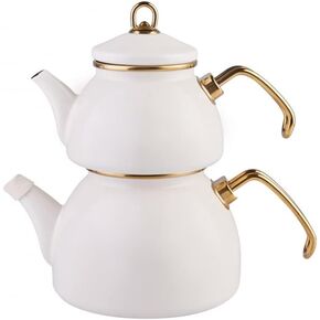Karaca Retro Teapot Set Cream, Enamel, Teapot/Lid (1.1 lt, 2.4 lb), Tea Kettle (2.3 lt, 5 lb), Titanium Coated Handles, Suitable for Induction