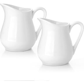 Nucookery Ceramic 4 Oz Creamer Pitcher Set, 2 Pack Creamer Container, Small Milk Pitcher Container, White Creamer Cups with Handle For Sauces Salad Coffee Milk, Microwave & Freezer Safe, Set of 2