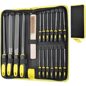 20Pcs Files Set - Premium Carbon Steel Metal File Set with Suitcase, Flat/Triangle/Half-Round/Round Large Files & 14 x Needle Files & Cleaning Brush, Perfect for Wood, Metal Work & DIY Project