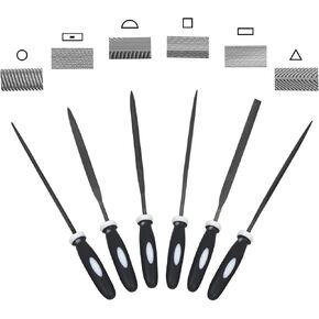 Needle File Set, Hardened Alloy Strength Steel Kit, 6-Piece Carbon Steel File Set Includes Flat, Flat Warding, Square, Triangular, Round, and Half-Round File(BKGY), Black&White