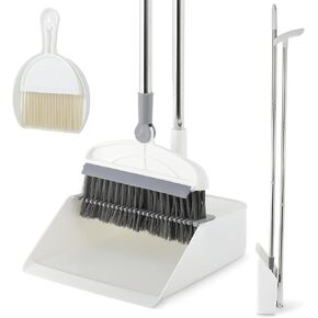 Broom with Dustpan Combo Set, 2 in 1 Broom and Dustpan Set with Long Handle, Upright 180° Rotating Broom with Brush and Lightwight Dust Pans for Home Kitchen Room Office Lobby Floor Cleaning，White