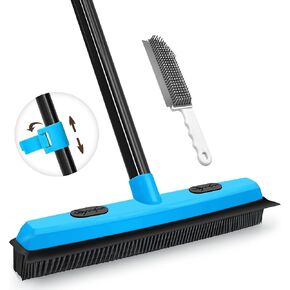 JEHONN Rubber Broom Carpet Rake Brush for Pet Hair with Squeegee, 52.8 inches Long Handle Silicone Fur Scraper Removal Tool with Detailing Lint Comb for Rug, Tile, Hardwood Floor Cleaning (Blue)