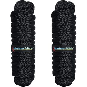 Amarine Made 3/8“ x 20 ft Dock Lines, 2 Pack of Double Braided Nylon Dock Lines with Loop 3300 lbs Breaking Strength (Eyelet: 10") Marine Mooring Rope Boat Dock Lines Working Load Limit:660 lbs Black