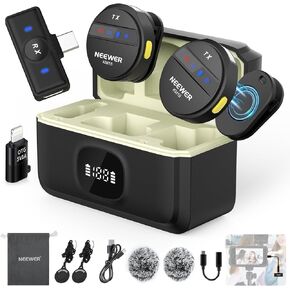 NEEWER Wireless Lavalier Microphone for iPhone Noise Cancelling Mini Lapel Mic Set with USB C/OTG/Charging Case 24H Battery Video Vlog Compatible with iPhone 16 15 Android Phone PC Laptop, KM18