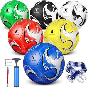 6-Pack Soccer Balls Size 5 for Kids and Adults, Outdoor Play, Includes Carry Net, Needles, Air Pump, for Boys, Girls, Teens, and Adults