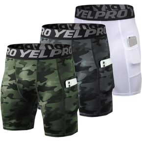 Men's Athletic Compression Spandex Running Workout Tight Pockets Active Baselayer Shorts Underwear, Camo Green,camo Black,white, Medium