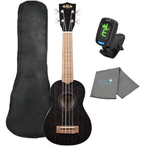 Kala KA-15S-BLK Black Satin Mahogany Soprano Ukulele Bundle with a Ukulele Tote Bag, Tuner, and Lumintrail Polishing Cloth