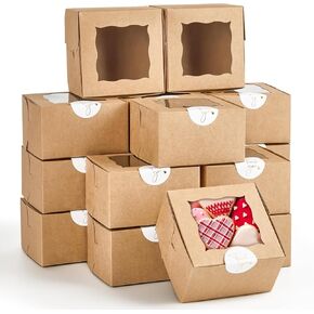 24pcs Small Cookie Boxes with Window, 4x4x2.5 Inches Kraft Paper Bakery Boxes with Stickers Small Treat Boxes for Dessert Pastry Mini Cake Strawberry Donut Cupcake