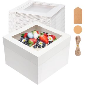 4 Pack Cake Boxes,12x12x6 Inches Square Cake Boxes with Window, Cake Containers with Lids, Disposable Bakery Boxes for Cake Cookies Pies Cupcakes Pastry, Cake Decorating Supplies for Gift Giving