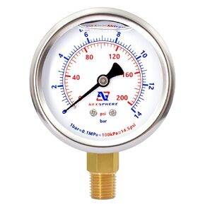 2-1/2inch Dial Size, Liquid Filled Pressure Gauge, 0-200psi/bar, 304 Stainless Steel Case, 1/4" NPT Lower Mount, Brass Connection, IP67