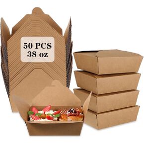50 Pack 38 Oz Disposable Take Out Food Containers, Kraft Brown Paper To Go Boxs, Leak and Grease Resistant Food Containers Microwaveble, Food Boxs for Restaurant, Household, Party, Picnic