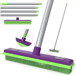 Rubber Broom Pet Hair Remover, Silicone Squeegee Brooms for Floor, Tile, Windows, Carpet Cleaning, 4-Section Pole up to 58 inches