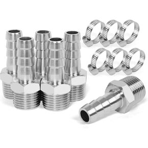 ChillWaves 304 Stainless Steel Air Hose Fittings, Hose Barb Fittings 1/2" Barb x 1/2" NPT Male Thread Adapter with Hose Clamp(6-PACK)