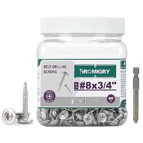 8# x 3/4" Self Tapping Sheet Metal Screws (400 PCS), 410 Stainless Steel Self Drilling Screws, Truss Head