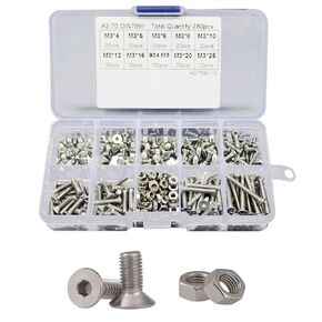 280 Pcs Metric M3 x 4/5/6/8/10/12/16/20/25mm Countersunk Flat Head Hex Socket Cap Screws Nuts Set Assortment Kit, 304 Stainless Steel
