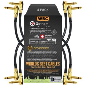 WORLDS BEST CABLES 4 Units - 11 Inch - Gotham GAC-1 Ultra Pro - Low-Cap (21pF/ft) Guitar Bass Effects Instrument, Patch Cable & Gold (6.35mm) Low-Profile R/A Pancake Type Connectors - Custom Made