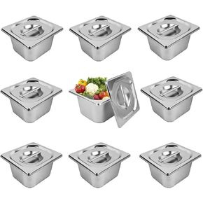9 Set Stainless Steel Hotel Pans with Lids, 1/6 Size 6 In Deep Steam Table Pan Stainless Food Storage Containers Stackable Metal Steamer Pan for Kitchen Restaurant Party Buffet Event Catering