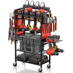 CCCEI Power Tool Organizer Cart with Charging Station, Garage Floor Rolling Storage Cart on Wheels for Mechanic, Mobile 6 Drill, Tool Box Utility Cart with Battery Charging Power Strip, Red.