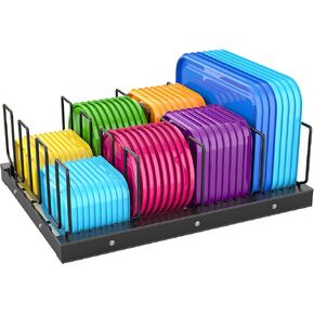 Metal Container Lid Organizer Rack,Adjustable 5 Dividers Storage Container Lid Holder Rack for Cabinets Cupboard Pantry Shelves Drawer,Dish Organizer for Kitchen,Dishes and Plates Holder