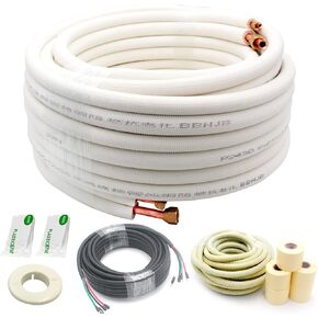 50ft Length Mini Split Line Set 1/4" 1/2" OD Copper Pipes Tubing and 3/8 White PE Thickened Insulated with Flared Nuts for Mini Split Air Conditioner HVAC or Heat Pump for 9000BTU (1/4+1/2 with wires)
