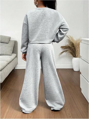 Girl's 2 Piece Outfits Drop Shoulder Long Sleeve Sweatshirt and Baggy Sweatpants Set in Saudi Arabia