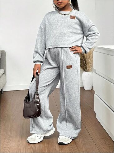 Girl's 2 Piece Outfits Drop Shoulder Long Sleeve Sweatshirt and Baggy Sweatpants Set in Saudi Arabia