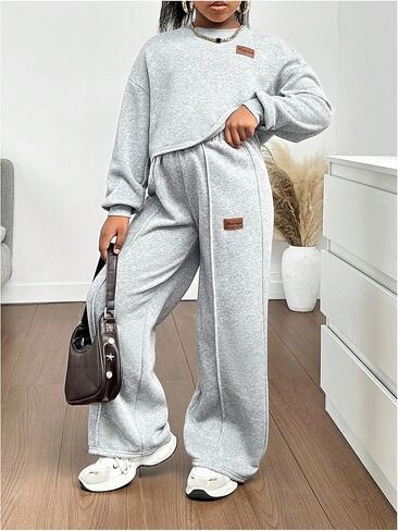 Girl's 2 Piece Outfits Drop Shoulder Long Sleeve Sweatshirt and Baggy Sweatpants Set in Saudi Arabia
