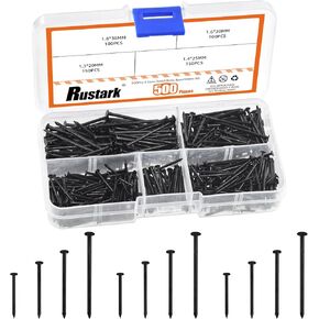 500Pcs 4 Sizes Black Hardware Nails Assortment Kit Flat Head Nails Wood Nails Wall Nails Small Nails Picture Hanging Nails Finishing Nails Common Nails for Hanging Pictures Wood