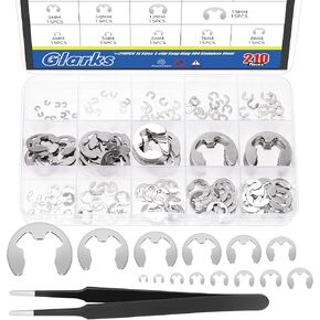 Glarks 211pcs 304 Stainless Steel E-Clips Retaining Rings Assortment Set 14 Sizes E-Ring Circlip Rings Heat Treated External Retaining Clips E-Clips Retainer Circlip Rings with Tweezers for Gears
