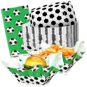 Marsui Set of 100 Basketball Golf Softball Soccer Baseball Party Supplies, Paper Food Trays Food Boats with Wax Paper Sheets for Sport Birthday Party Favors Supplies (Soccer)