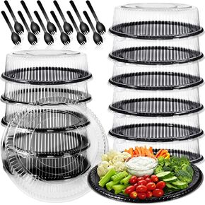 Tessco 12 Pack 16 Inch Heavy Duty Serving Tray with Clear Lid and Sporks, Large Plastic Tray Elegant Platter Round Black Disposable for Fruit Sandwich Party Takeout Food Catering Picnic