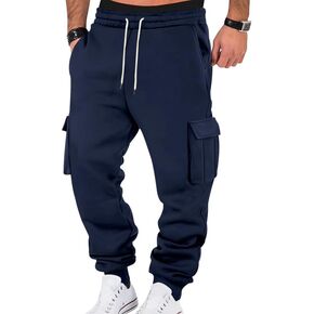 Mens Fleece Cargo Sweatpants Heavyweight Elastic Waist Pants with Pockets Baggy Drawstring Jogger Pants