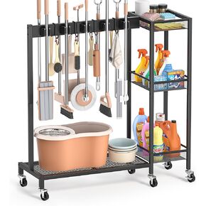 Broom Holder with Cleaning Supplies Organizer, Broom Closet Storage Cabinet with Cleaning Caddy, Cleaning Cart with Mop Hanger Gripper Rack Hooks,Janitorial Housekeeping cart,Laundry Room Organization
