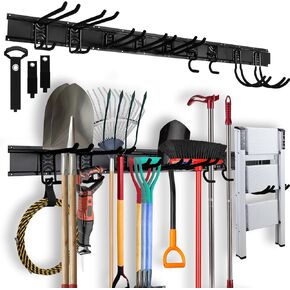 64" Heavy Duty Garage Storage Tool Organizer Wall Mount - Tool Rack with Adjustable Hooks, Anti-Rust, 300lbs Capacity - Easy Installation (4 Racks, 10 Hooks, 3 Straps)