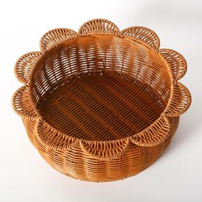Scalloped basket,Scalloped Edge Round Serving Tray,Round Wicker Basket with handles,Hand Woven Imitation Rattan Basket,round woven tray for Coffee Table,Bathroom,Bedroom Organizing (A)